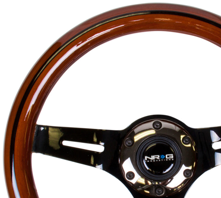 NRG Classic Wood Grain Steering Wheel (310mm) Dark Wood & Black Line Inlay w/Blk Chrome 3-Spoke Ctr. - Bull Strap