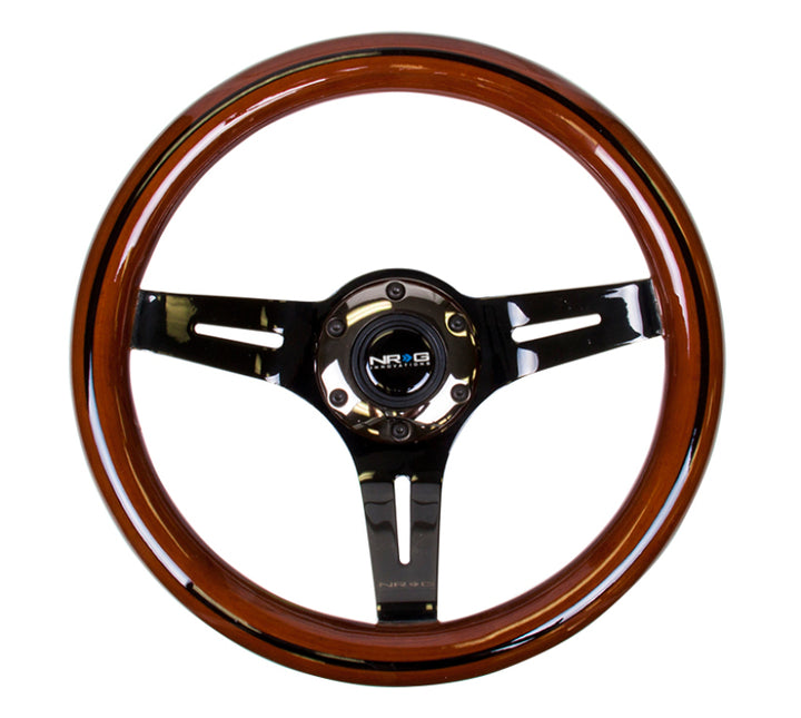 NRG Classic Wood Grain Steering Wheel (310mm) Dark Wood & Black Line Inlay w/Blk Chrome 3-Spoke Ctr. - Bull Strap