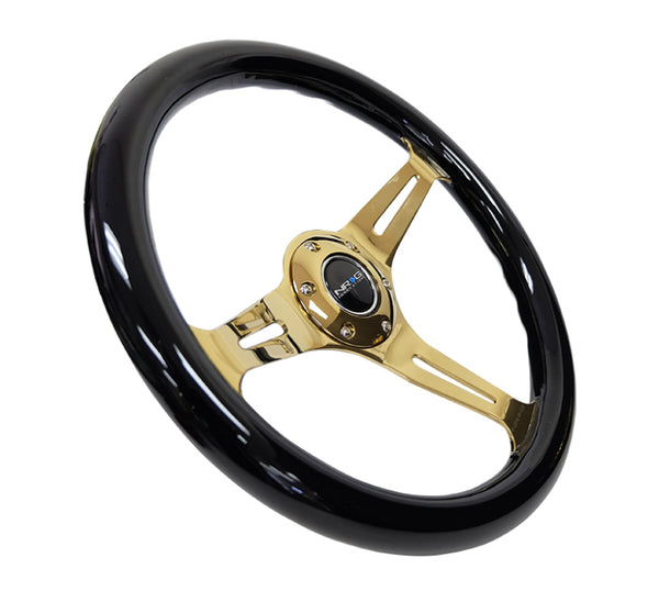 NRG Classic Wood Grain Steering Wheel (350mm) Black Grip w/Chrome Gold 3-Spoke Center - Bull Strap