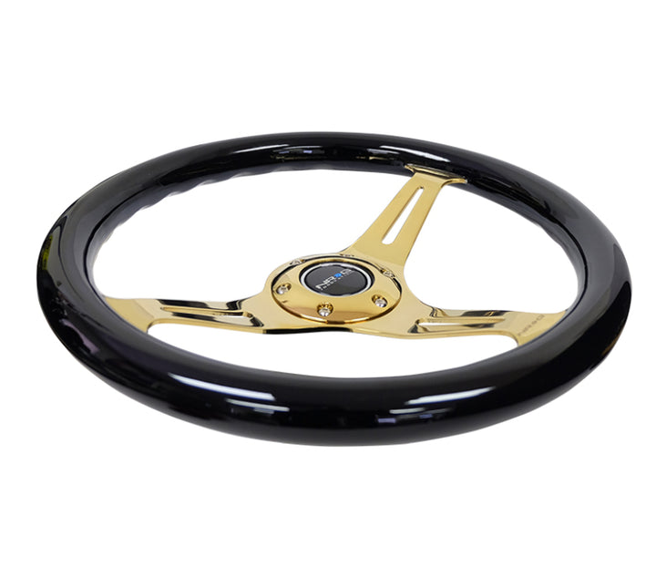 NRG Classic Wood Grain Steering Wheel (350mm) Black Grip w/Chrome Gold 3-Spoke Center - Bull Strap