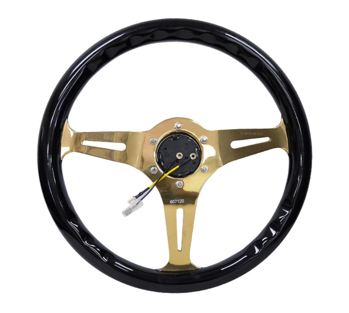 NRG Classic Wood Grain Steering Wheel (350mm) Black Grip w/Chrome Gold 3-Spoke Center - Bull Strap