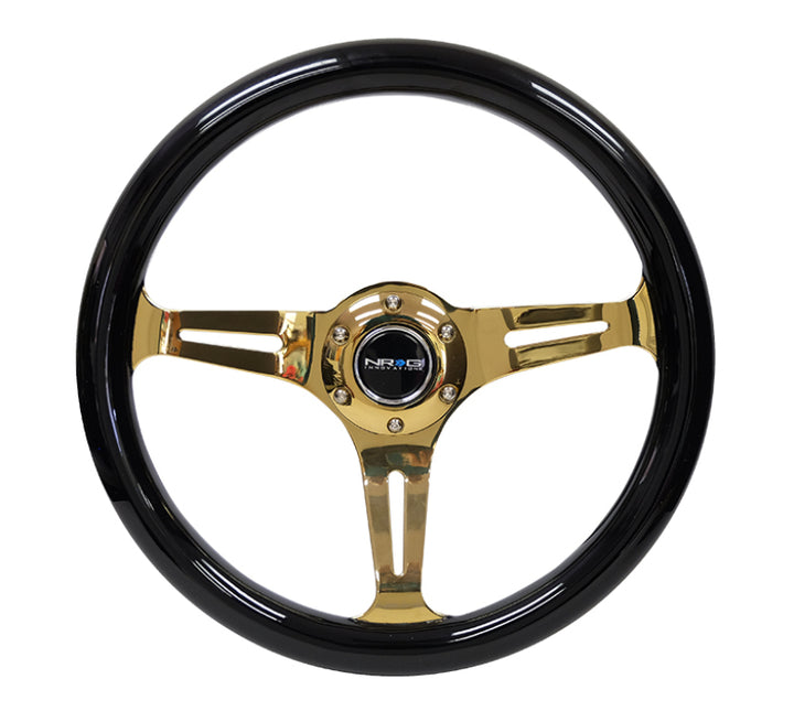 NRG Classic Wood Grain Steering Wheel (350mm) Black Grip w/Chrome Gold 3-Spoke Center - Bull Strap