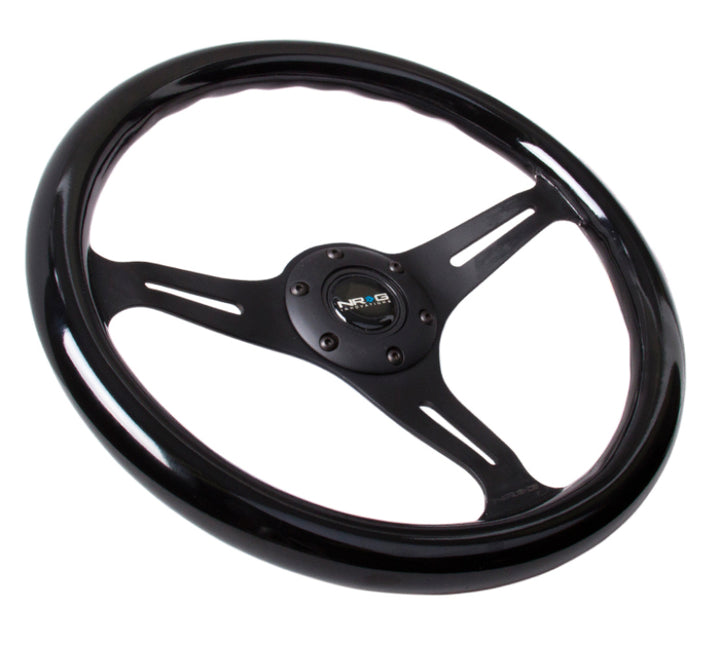 NRG Classic Wood Grain Steering Wheel (350mm) Black Paint Grip w/Black 3-Spoke Center - Bull Strap