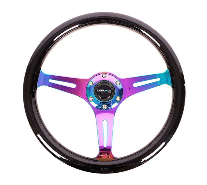 NRG Classic Wood Grain Steering Wheel (350mm) Black Paint Grip w/Neochrome 3-Spoke Center - Bull Strap
