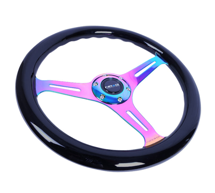 NRG Classic Wood Grain Steering Wheel (350mm) Black Paint Grip w/Neochrome 3-Spoke Center - Bull Strap