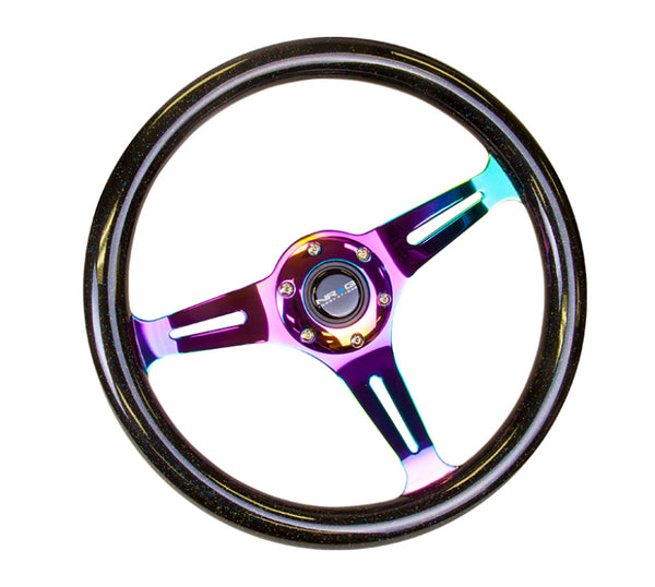 NRG Classic Wood Grain Steering Wheel (350mm) Black Sparkle/Galaxy Color w/Neochrome 3-Spoke - Bull Strap