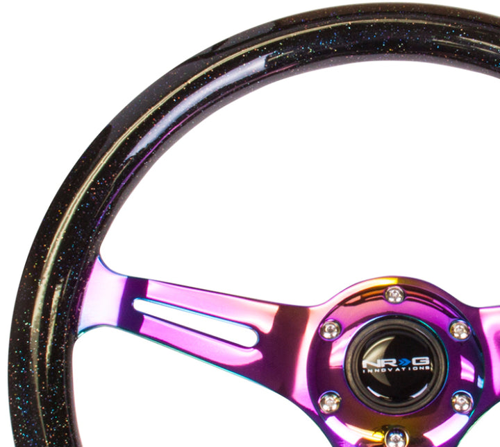 NRG Classic Wood Grain Steering Wheel (350mm) Black Sparkle/Galaxy Color w/Neochrome 3-Spoke - Bull Strap