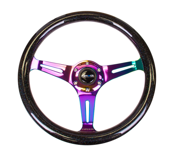 NRG Classic Wood Grain Steering Wheel (350mm) Black Sparkle/Galaxy Color w/Neochrome 3-Spoke - Bull Strap
