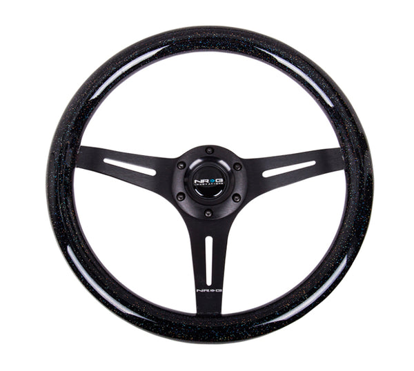 NRG Classic Wood Grain Steering Wheel (350mm) Black Sparkled Grip w/Black 3-Spoke Center - Bull Strap