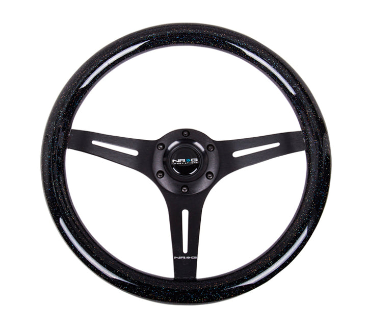 NRG Classic Wood Grain Steering Wheel (350mm) Black Sparkled Grip w/Black 3-Spoke Center - Bull Strap