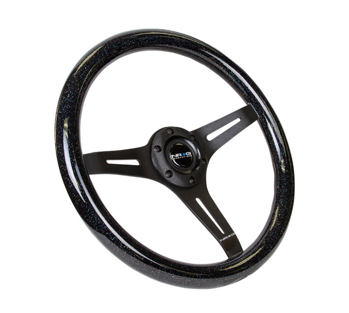 NRG Classic Wood Grain Steering Wheel (350mm) Black Sparkled Grip w/Black 3-Spoke Center - Bull Strap