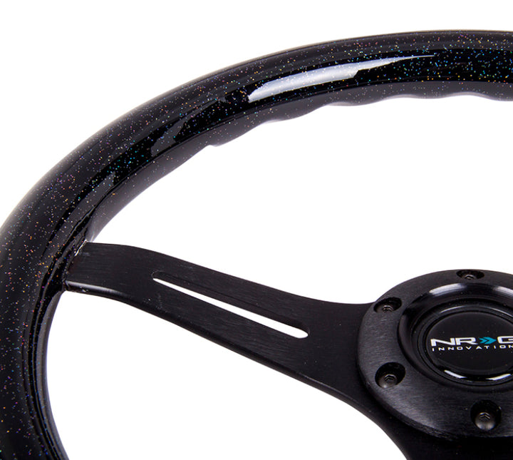 NRG Classic Wood Grain Steering Wheel (350mm) Black Sparkled Grip w/Black 3-Spoke Center - Bull Strap