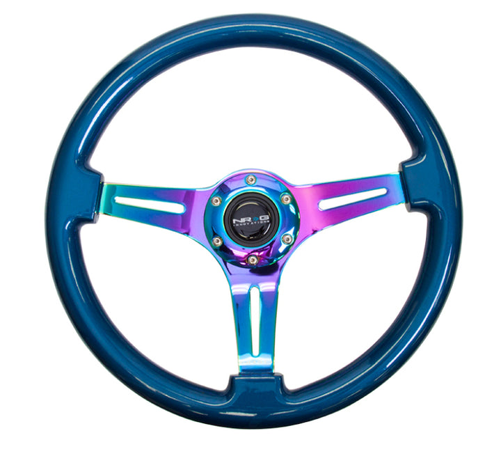 NRG Classic Wood Grain Steering Wheel (350mm) Blue Pearl/Flake Paint w/Neochrome 3-Spoke Center - Bull Strap