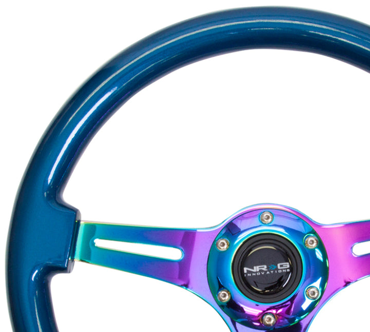 NRG Classic Wood Grain Steering Wheel (350mm) Blue Pearl/Flake Paint w/Neochrome 3-Spoke Center - Bull Strap