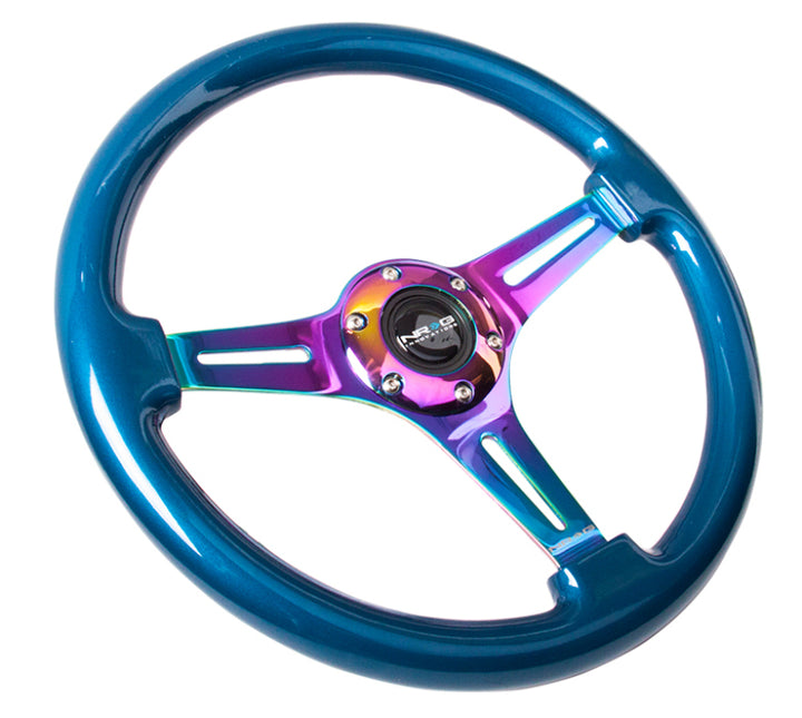 NRG Classic Wood Grain Steering Wheel (350mm) Blue Pearl/Flake Paint w/Neochrome 3-Spoke Center - Bull Strap