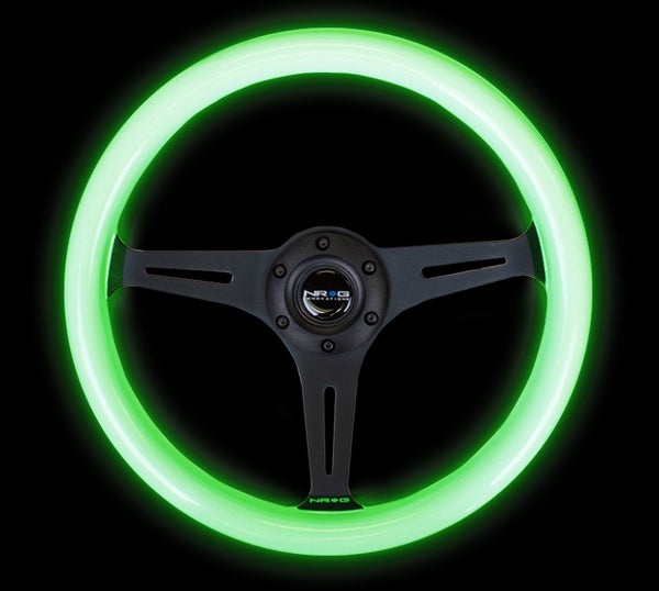 NRG Classic Wood Grain Steering Wheel (350mm) Glow-N-The-Dark Green Grip w/Black 3-Spoke Center - Bull Strap