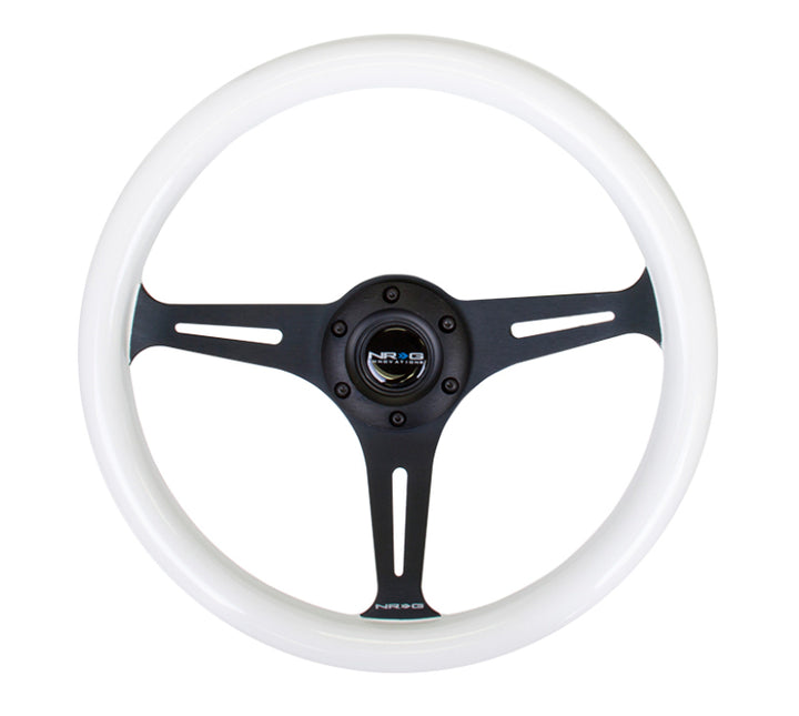 NRG Classic Wood Grain Steering Wheel (350mm) Glow-N-The-Dark Green Grip w/Black 3-Spoke Center - Bull Strap