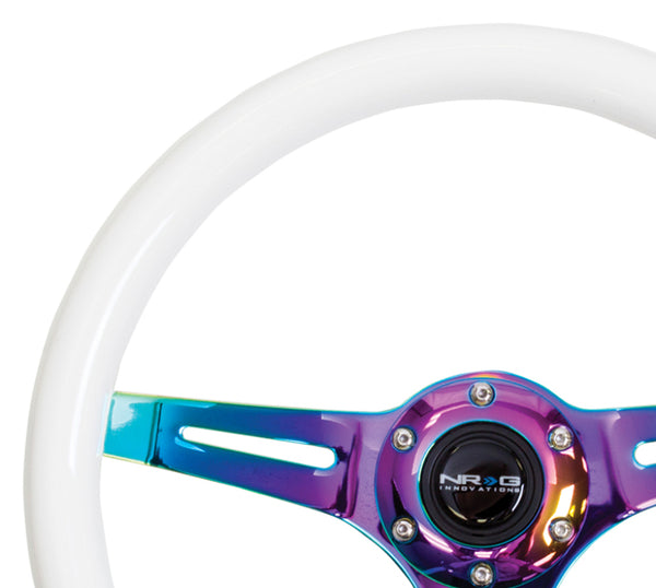 NRG Classic Wood Grain Steering Wheel (350mm) Glow-N-The-Dark Green Grip w/Neochrome 3-Spoke Center - Bull Strap