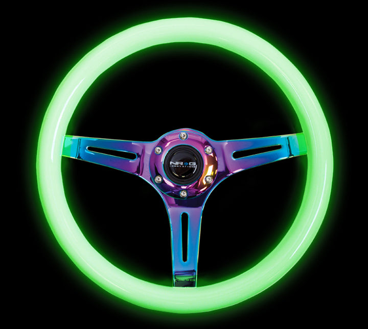 NRG Classic Wood Grain Steering Wheel (350mm) Glow-N-The-Dark Green Grip w/Neochrome 3-Spoke Center - Bull Strap