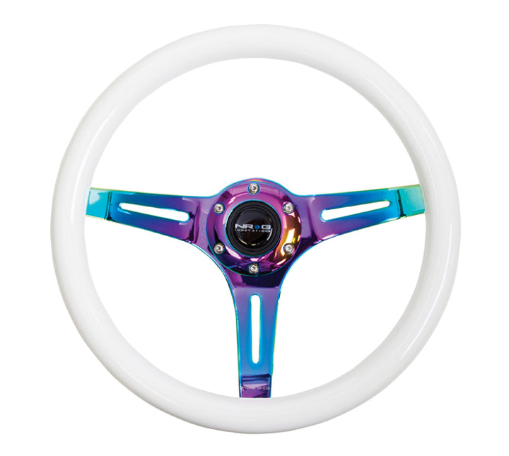 NRG Classic Wood Grain Steering Wheel (350mm) Glow-N-The-Dark Green Grip w/Neochrome 3-Spoke Center - Bull Strap