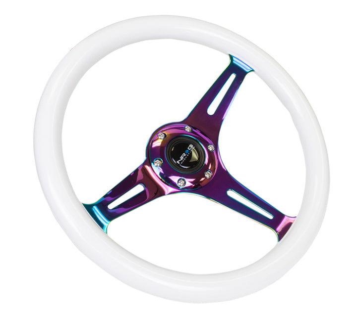 NRG Classic Wood Grain Steering Wheel (350mm) Glow-N-The-Dark Green Grip w/Neochrome 3-Spoke Center - Bull Strap