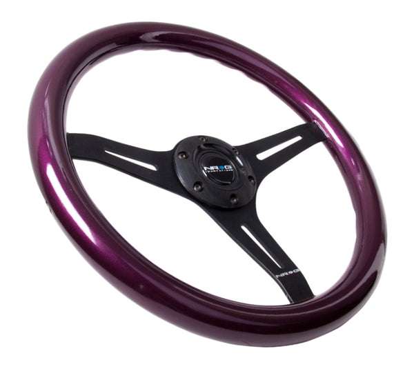 NRG Classic Wood Grain Steering Wheel (350mm) Purple Pearl/Flake Paint w/Black 3-Spoke Center - Bull Strap