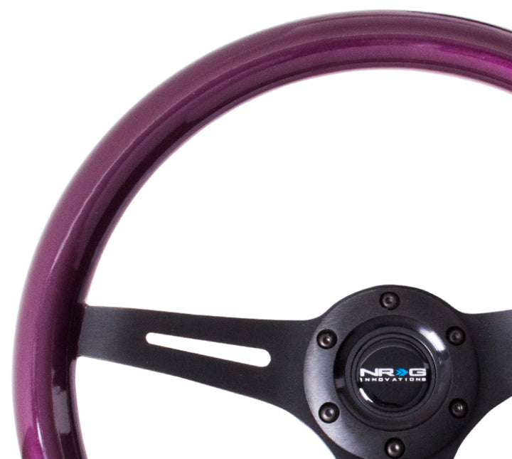 NRG Classic Wood Grain Steering Wheel (350mm) Purple Pearl/Flake Paint w/Black 3-Spoke Center - Bull Strap