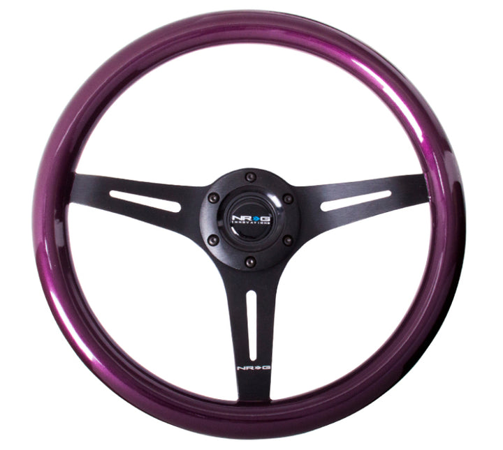 NRG Classic Wood Grain Steering Wheel (350mm) Purple Pearl/Flake Paint w/Black 3-Spoke Center - Bull Strap