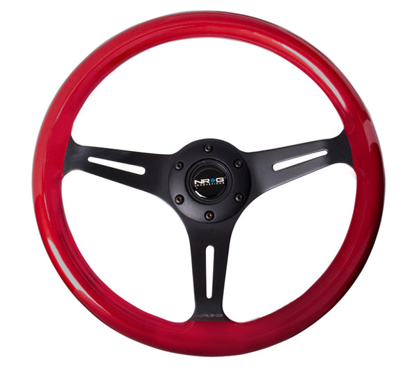 NRG Classic Wood Grain Steering Wheel (350mm) Red Pearl/Flake Paint w/Black 3-Spoke Center - Bull Strap