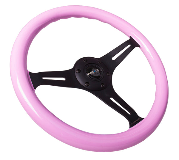 NRG Classic Wood Grain Steering Wheel (350mm) Solid Pink Painted Grip w/Black 3-Spoke Center - Bull Strap