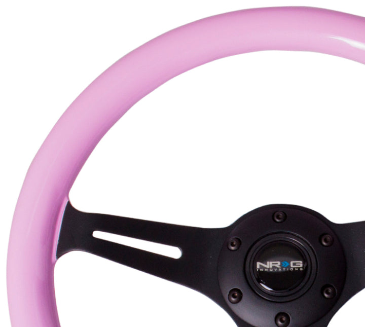 NRG Classic Wood Grain Steering Wheel (350mm) Solid Pink Painted Grip w/Black 3-Spoke Center - Bull Strap