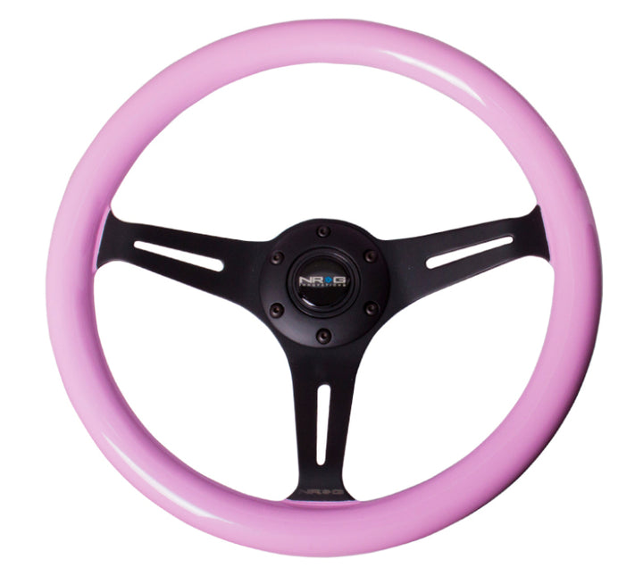 NRG Classic Wood Grain Steering Wheel (350mm) Solid Pink Painted Grip w/Black 3-Spoke Center - Bull Strap
