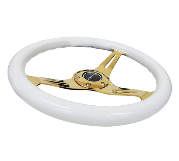 NRG Classic Wood Grain Steering Wheel (350mm) White Grip w/Chrome Gold 3-Spoke Center - Bull Strap