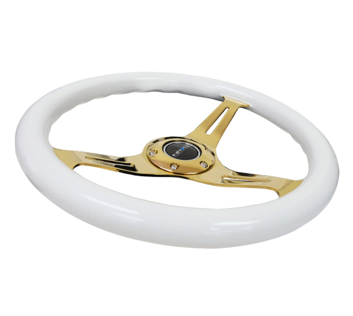 NRG Classic Wood Grain Steering Wheel (350mm) White Grip w/Chrome Gold 3-Spoke Center - Bull Strap