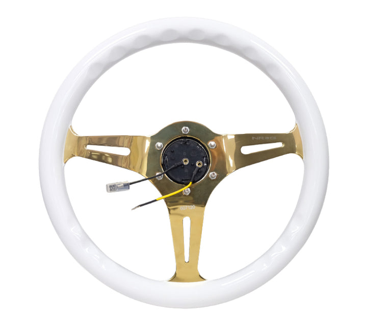 NRG Classic Wood Grain Steering Wheel (350mm) White Grip w/Chrome Gold 3-Spoke Center - Bull Strap