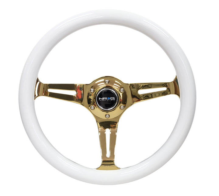 NRG Classic Wood Grain Steering Wheel (350mm) White Grip w/Chrome Gold 3-Spoke Center - Bull Strap