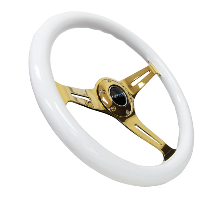 NRG Classic Wood Grain Steering Wheel (350mm) White Grip w/Chrome Gold 3-Spoke Center - Bull Strap
