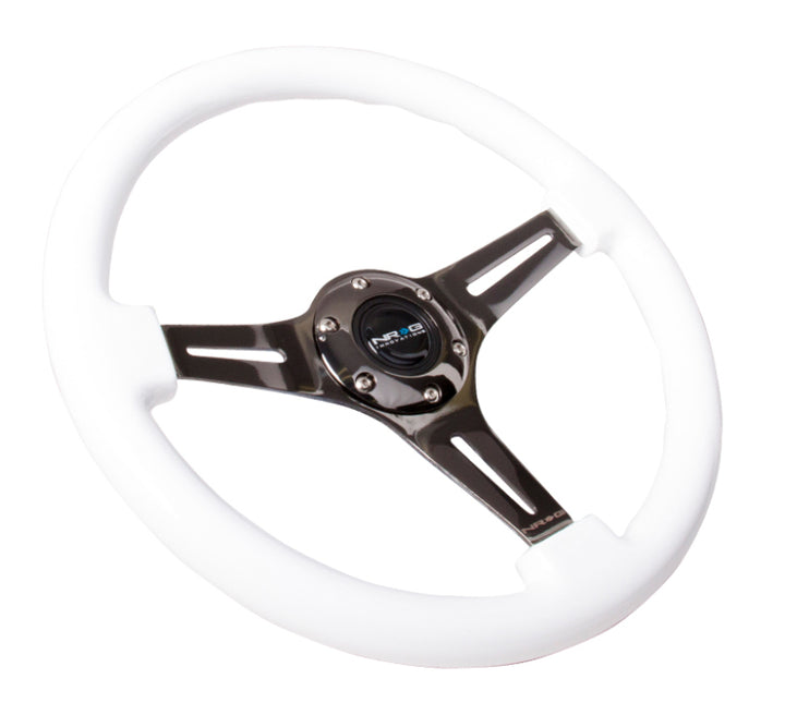 NRG Classic Wood Grain Steering Wheel (350mm) White Paint Grip w/Black 3-Spoke Center - Bull Strap