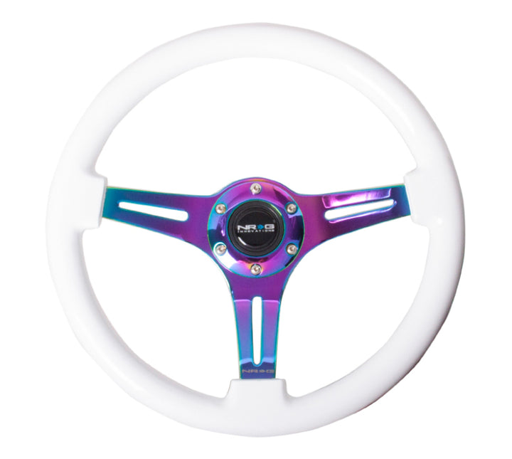 NRG Classic Wood Grain Steering Wheel (350mm) White Paint Grip w/Neochrome 3-Spoke Center - Bull Strap