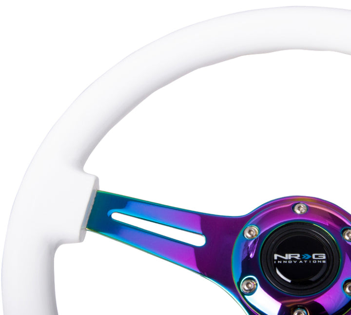 NRG Classic Wood Grain Steering Wheel (350mm) White Paint Grip w/Neochrome 3-Spoke Center - Bull Strap