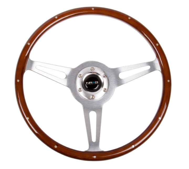 NRG Classic Wood Grain Steering Wheel (365mm) Wood w/Metal Inserts & Brushed Alum. 3-Spoke Center - Bull Strap