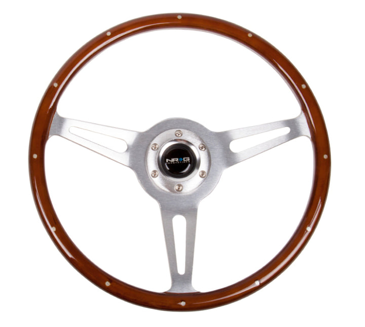 NRG Classic Wood Grain Steering Wheel (365mm) Wood w/Metal Inserts & Brushed Alum. 3-Spoke Center - Bull Strap