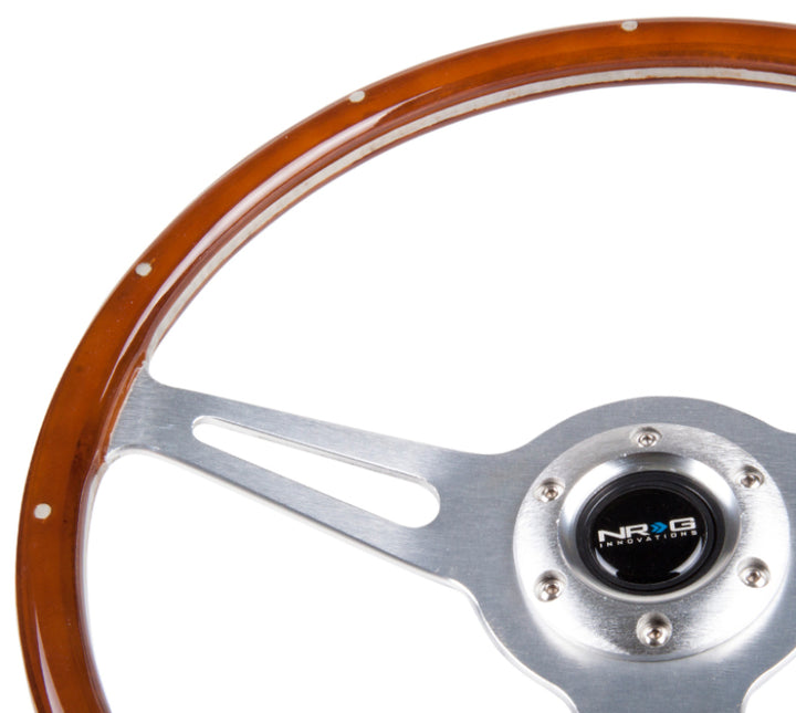 NRG Classic Wood Grain Steering Wheel (365mm) Wood w/Metal Inserts & Brushed Alum. 3-Spoke Center - Bull Strap