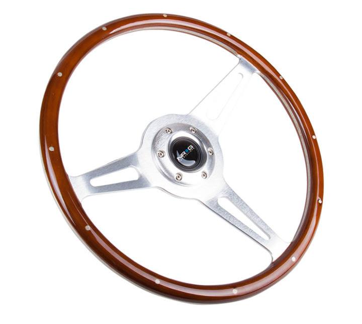 NRG Classic Wood Grain Steering Wheel (365mm) Wood w/Metal Inserts & Brushed Alum. 3-Spoke Center - Bull Strap