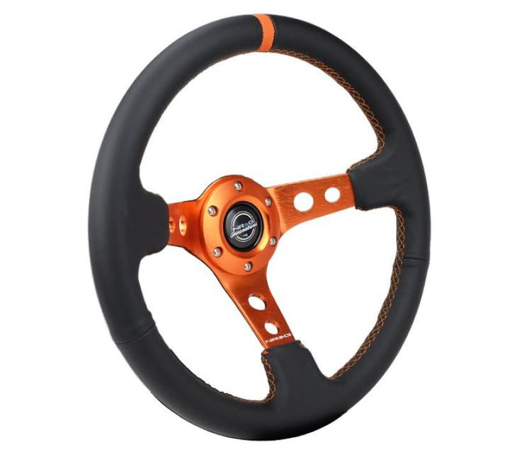 NRG Reinforce Steering Wheel (350mm / 3in. Deep) Blk Leather, Orange Center Mark w/ Orange Stitching - Bull Strap