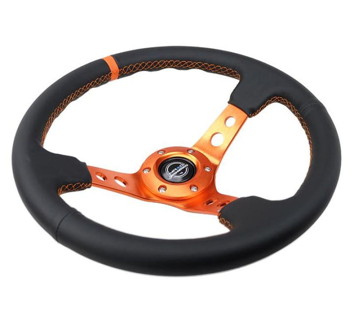 NRG Reinforce Steering Wheel (350mm / 3in. Deep) Blk Leather, Orange Center Mark w/ Orange Stitching - Bull Strap