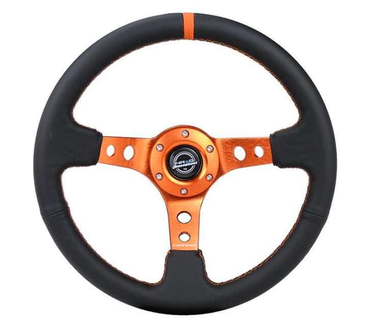 NRG Reinforce Steering Wheel (350mm / 3in. Deep) Blk Leather, Orange Center Mark w/ Orange Stitching - Bull Strap