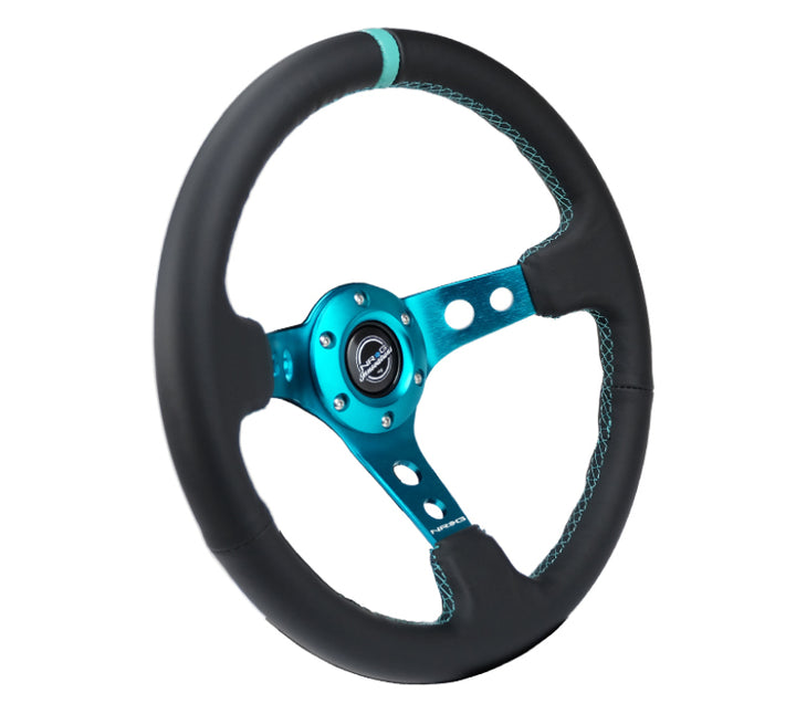 NRG Reinforce Steering Wheel (350mm / 3in. Deep) Blk Leather, Teal Center Mark w/ Teal Stitching - Bull Strap