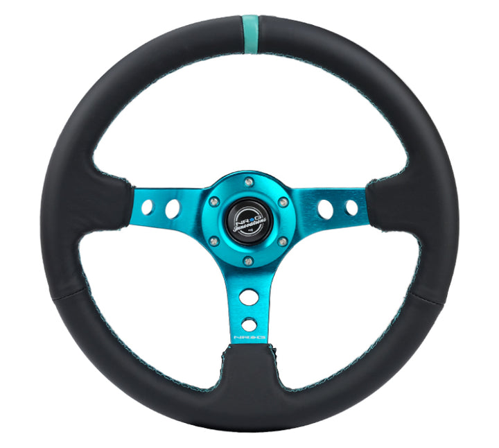 NRG Reinforce Steering Wheel (350mm / 3in. Deep) Blk Leather, Teal Center Mark w/ Teal Stitching - Bull Strap