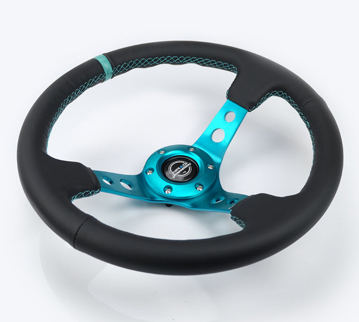 NRG Reinforce Steering Wheel (350mm / 3in. Deep) Blk Leather, Teal Center Mark w/ Teal Stitching - Bull Strap